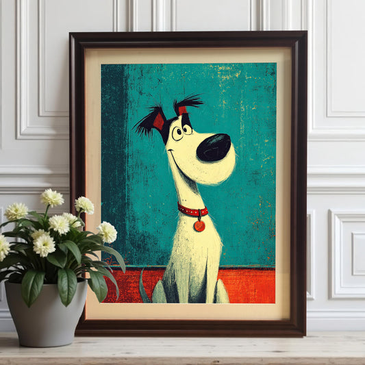 A framed art print of a white dog with a long nose and a red collar sits on a wooden surface next to a potted plant with white flowers.