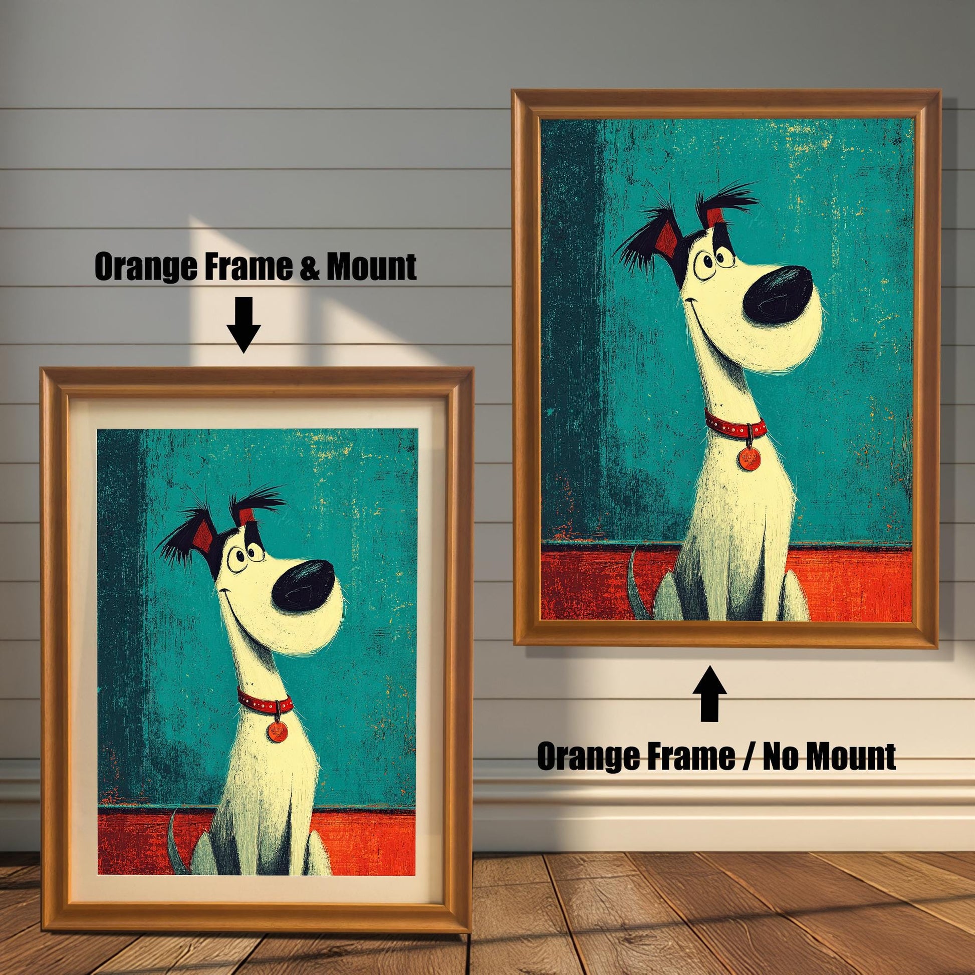 A pair of orange-colored framed dog prints. The one on the left has a white matting, while the one on the right has no matting.
