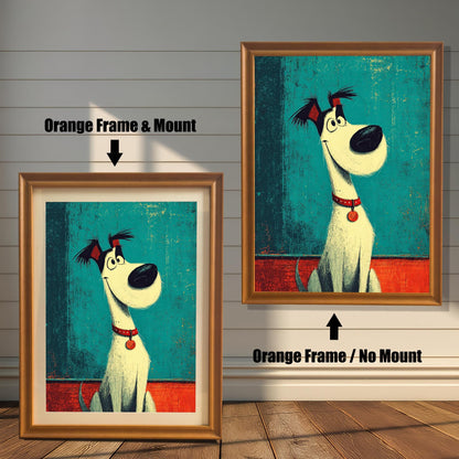 A pair of orange-colored framed dog prints. The one on the left has a white matting, while the one on the right has no matting.