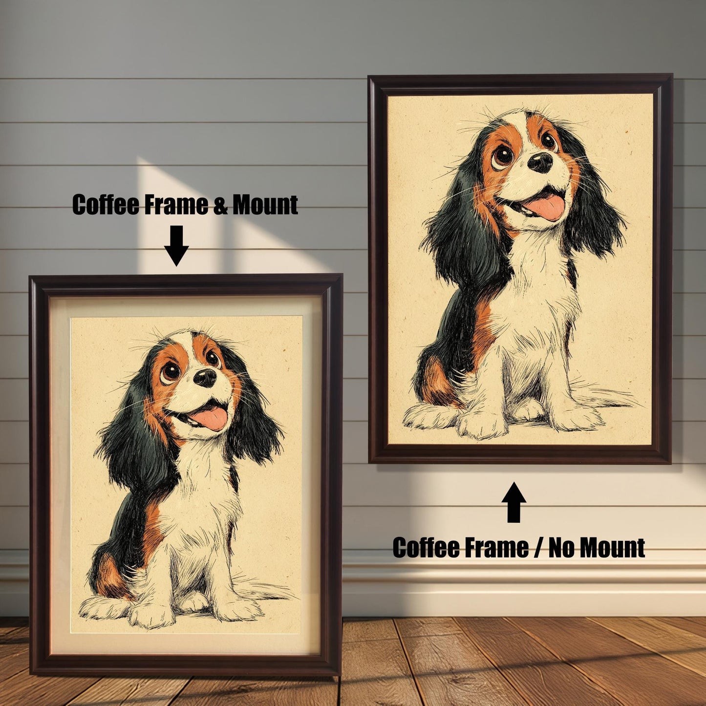 A pair of coffee-colored framed dog prints. The one on the left has a white matting, while the one on the right has no matting.