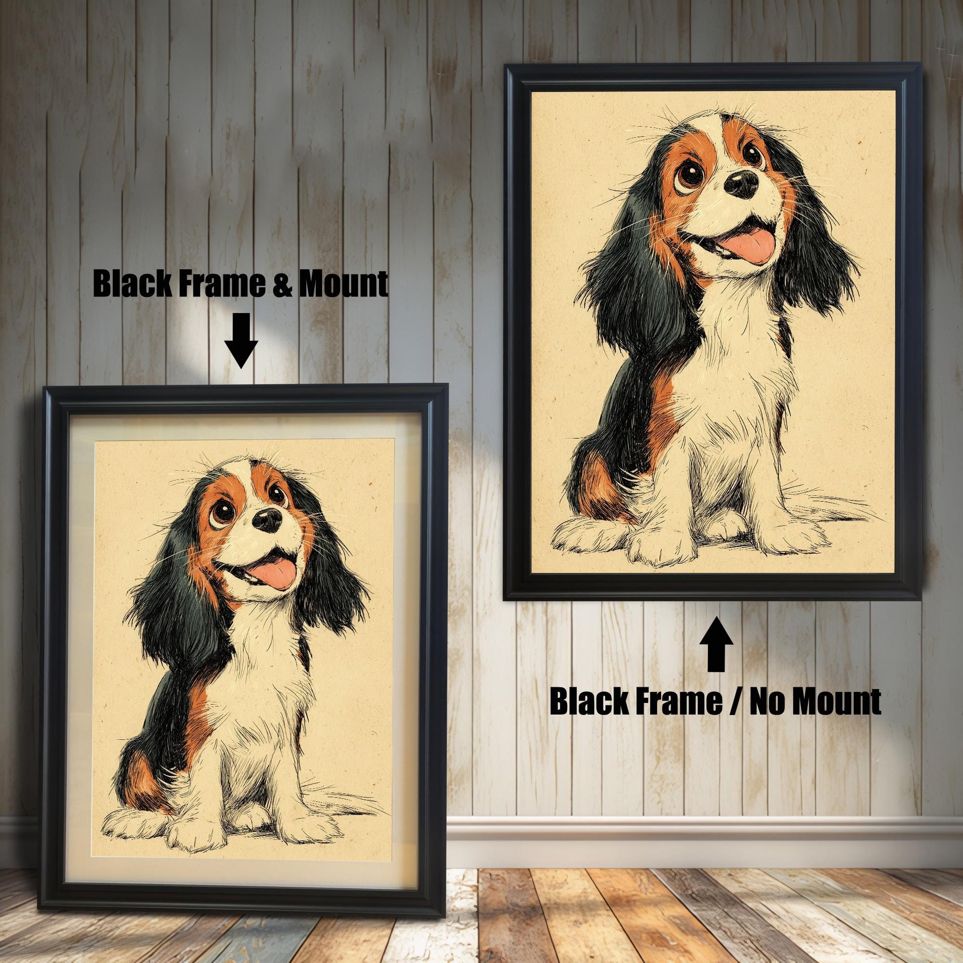A pair of black-framed dog prints. The one on the left has a white matting, while the one on the right has no matting.