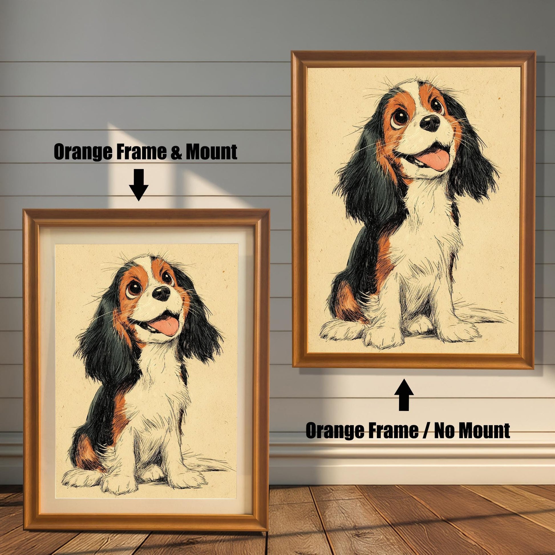 A pair of orange-colored framed dog prints. The one on the left has a white matting, while the one on the right has no matting.