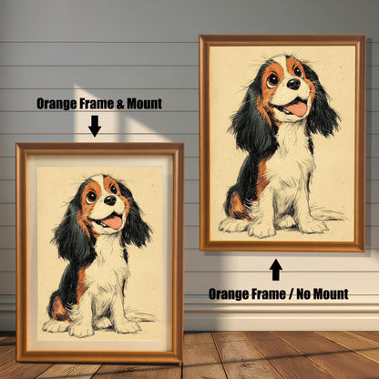 A pair of orange-colored framed dog prints. The one on the left has a white matting, while the one on the right has no matting.