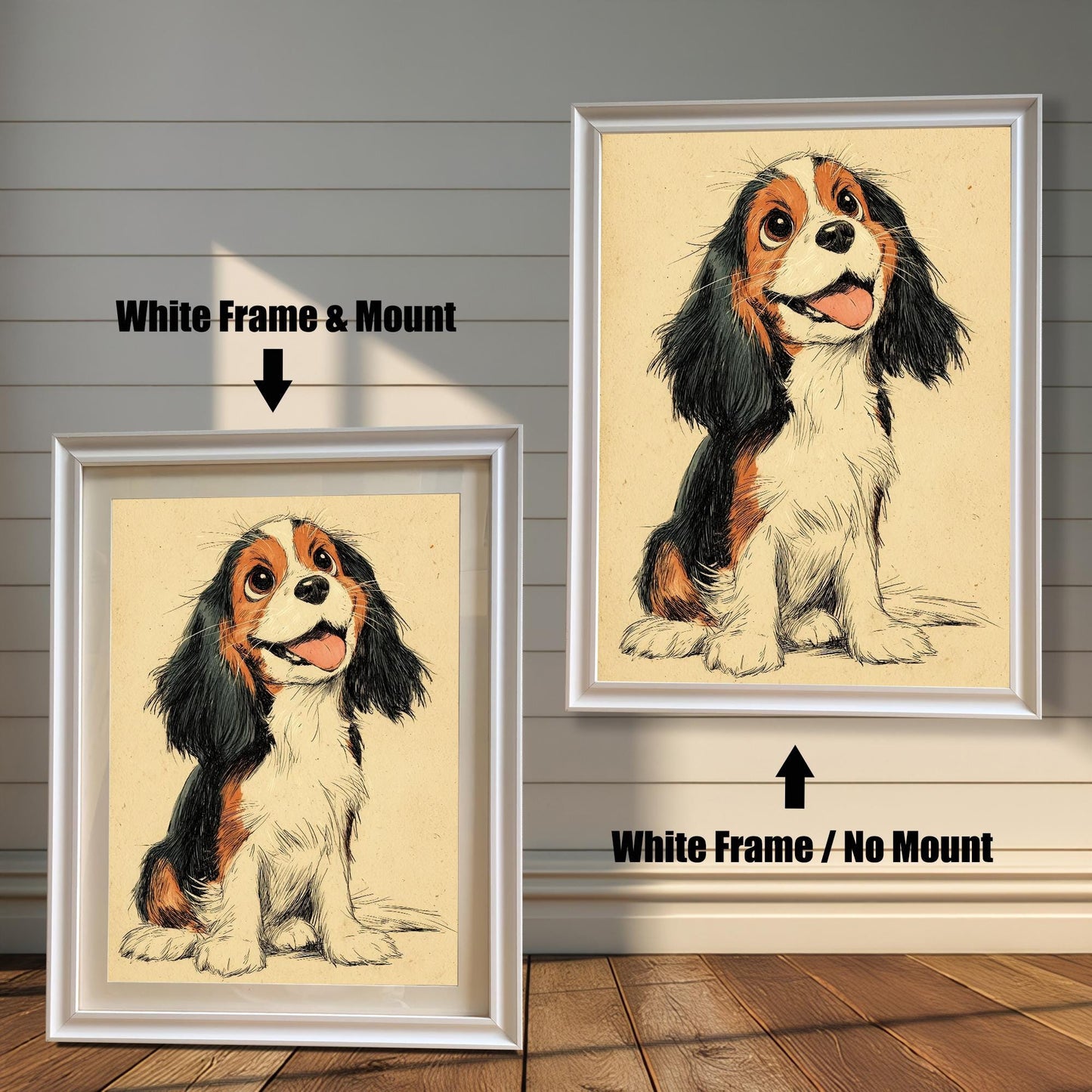 A pair of white-framed dog prints. The one on the left has a white matting, while the one on the right has no matting.