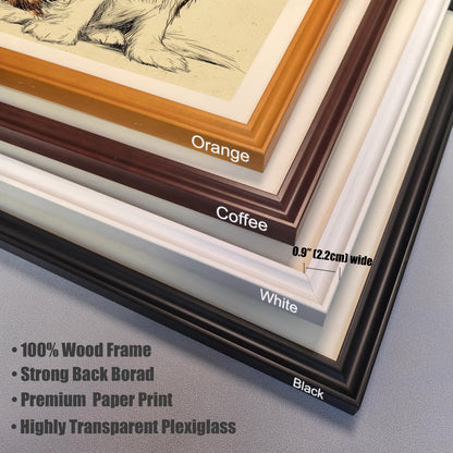 A corner view of four different frame colors—orange, coffee, white, and black—stacked on top of each other.