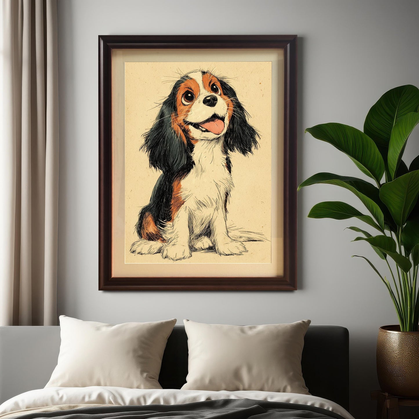 A framed drawing of a puppy hangs on a gray wall above a bed with white pillows and a dark comforter.