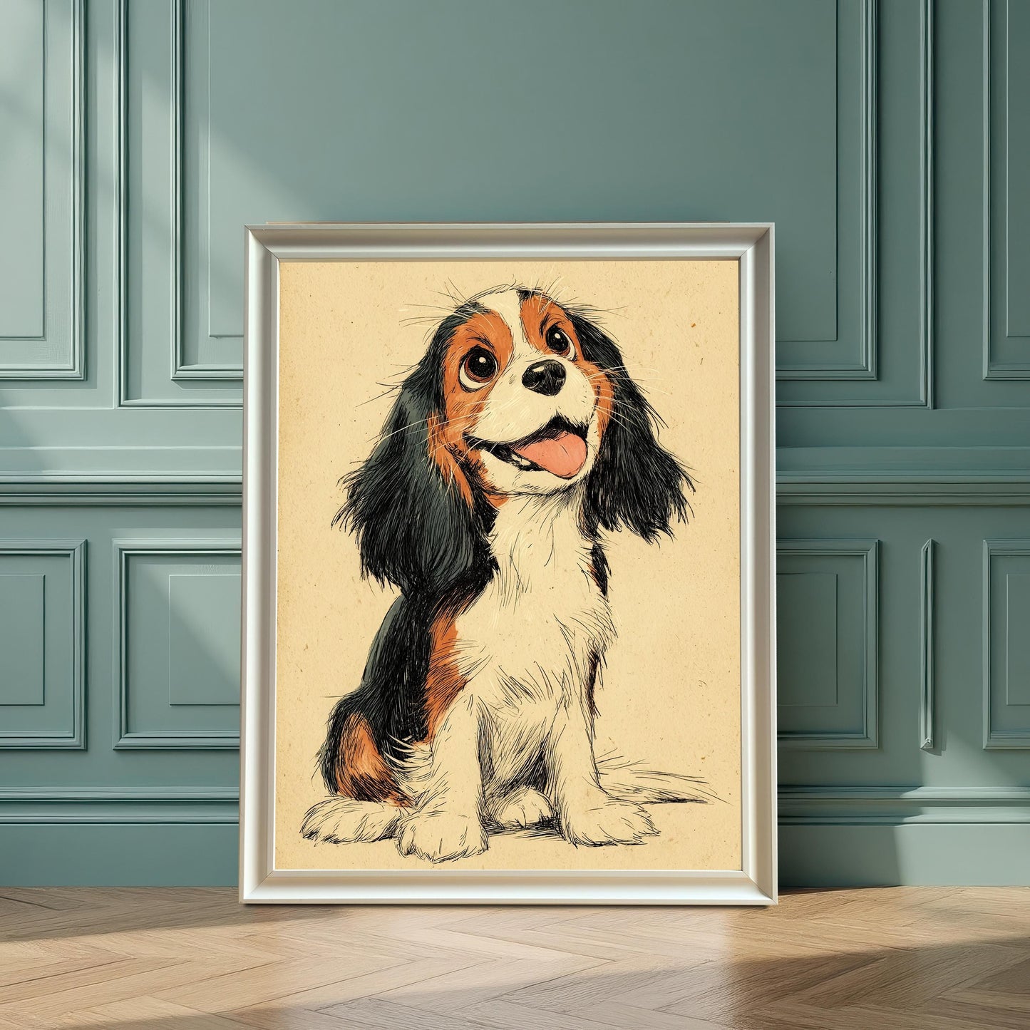 A framed drawing of a puppy leans against a blue paneled wall, with light reflecting off the white frame.