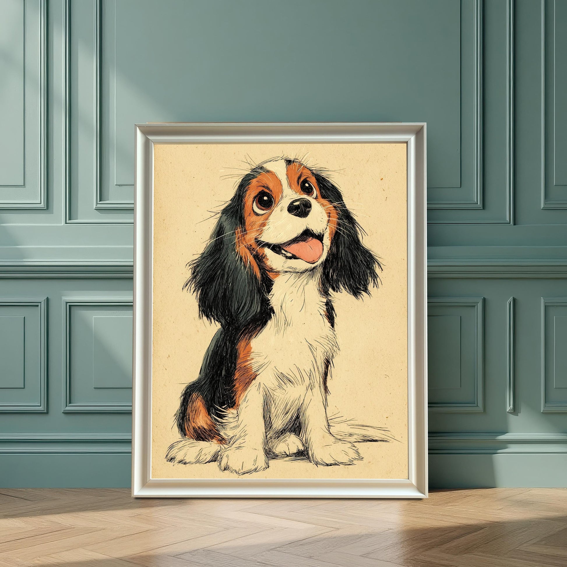 A framed drawing of a puppy leans against a blue paneled wall, with light reflecting off the white frame.