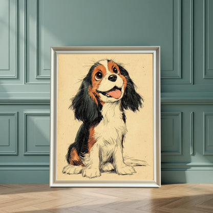 A framed drawing of a puppy leans against a blue paneled wall, with light reflecting off the white frame.
