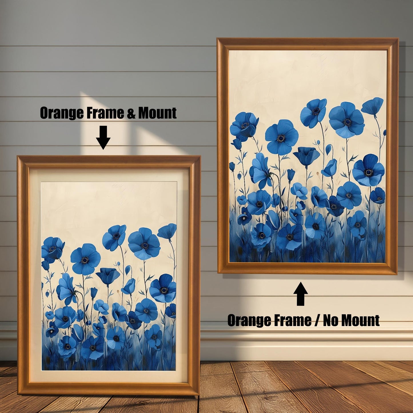 A two-panel image shows the same blue floral art in an orange-colored frame. The left panel shows the art with a white mat ("mount"), and the right panel shows it without a mat.