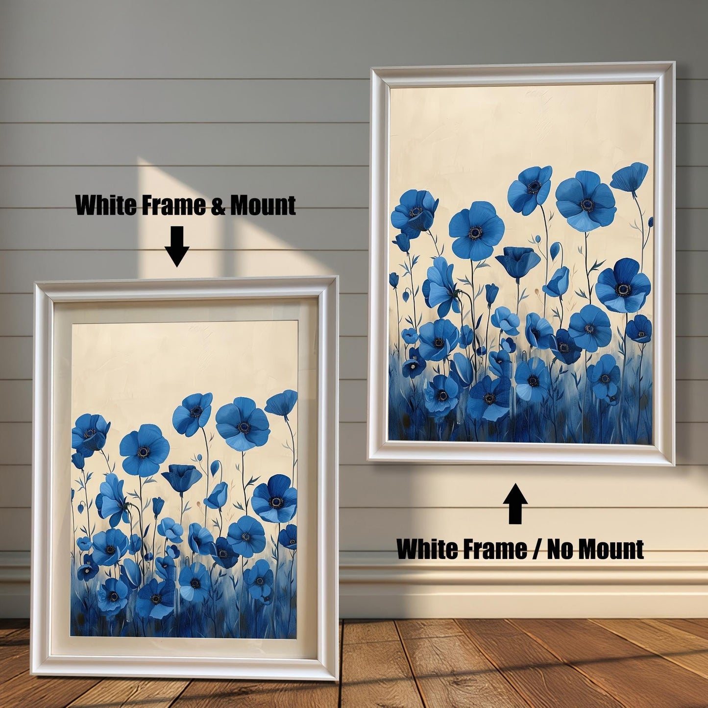 A two-panel image shows the same blue floral art in a white frame. The left panel shows the art with a white mat ("mount"), and the right panel shows it without a mat.