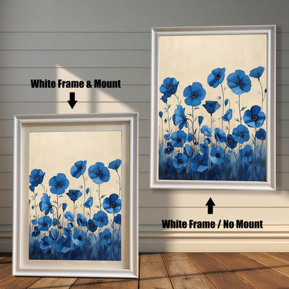 A two-panel image shows the same blue floral art in a white frame. The left panel shows the art with a white mat ("mount"), and the right panel shows it without a mat.