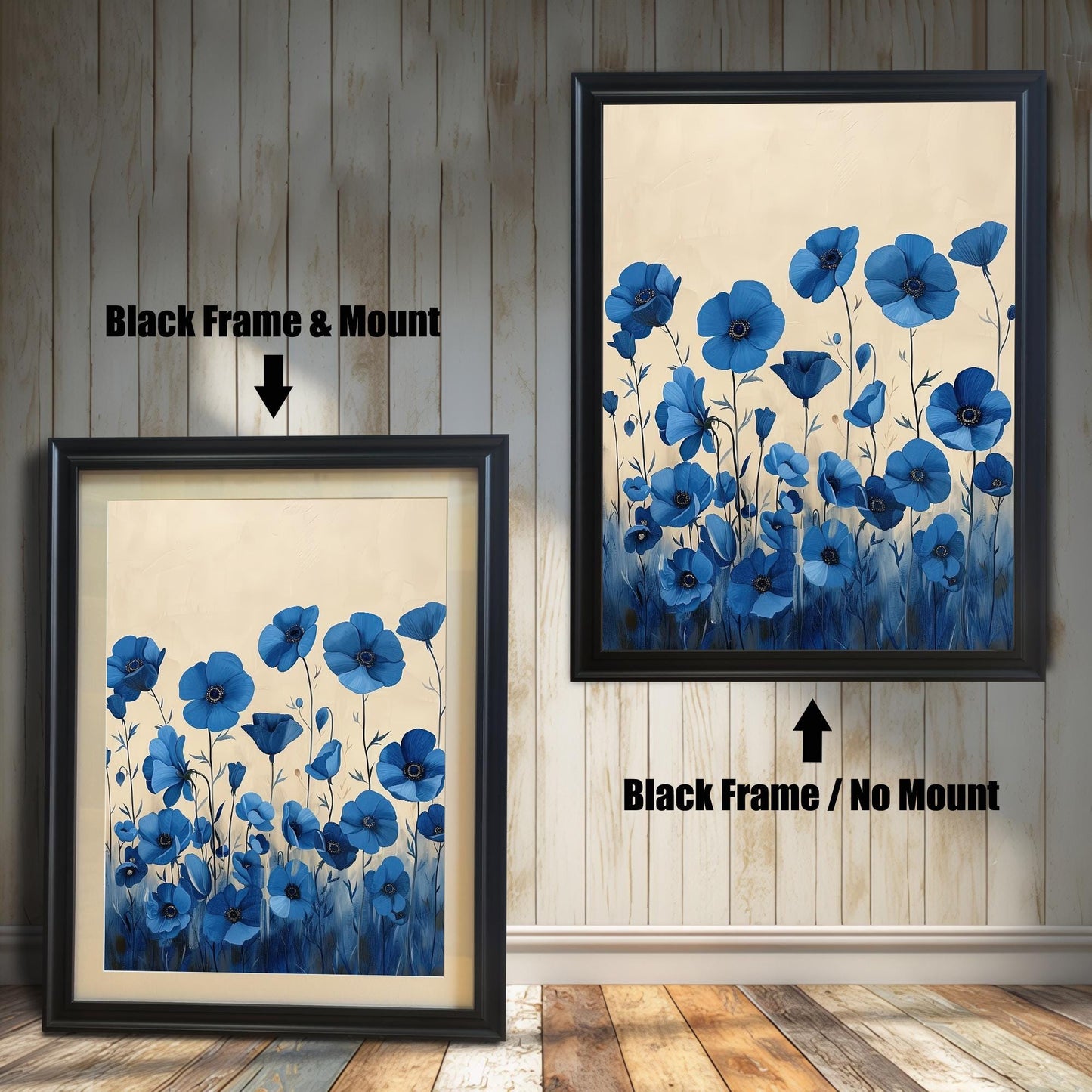 A two-panel image shows the same blue floral art in a black frame. The left panel shows the art with a white mat ("mount"), and the right panel shows it without a mat.
