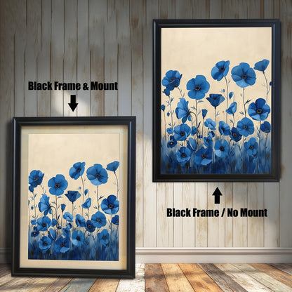 A two-panel image shows the same blue floral art in a black frame. The left panel shows the art with a white mat ("mount"), and the right panel shows it without a mat.