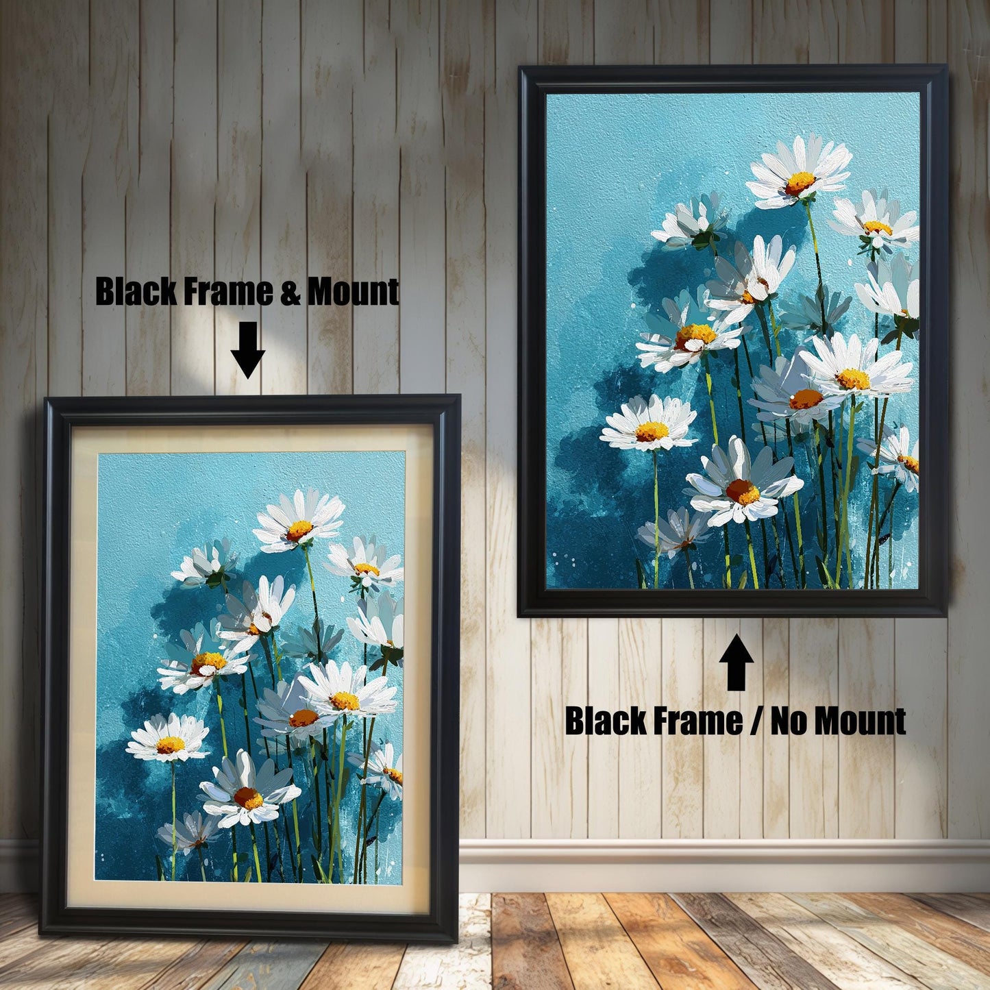 Two black-framed art prints of white daisies on a blue background. One has a white mat board and the other does not.