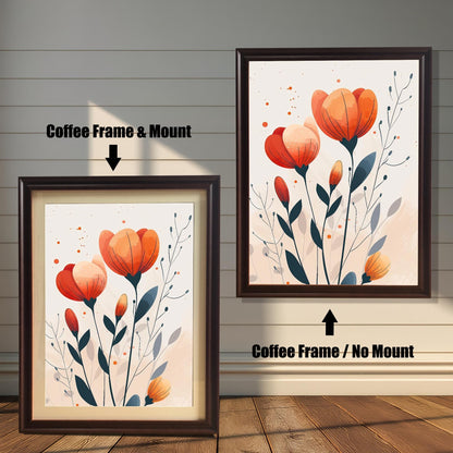 A two-panel image shows the same floral art in a coffee-colored frame. The left panel shows the art with a white mat ("mount"), and the right panel shows it without a mat.