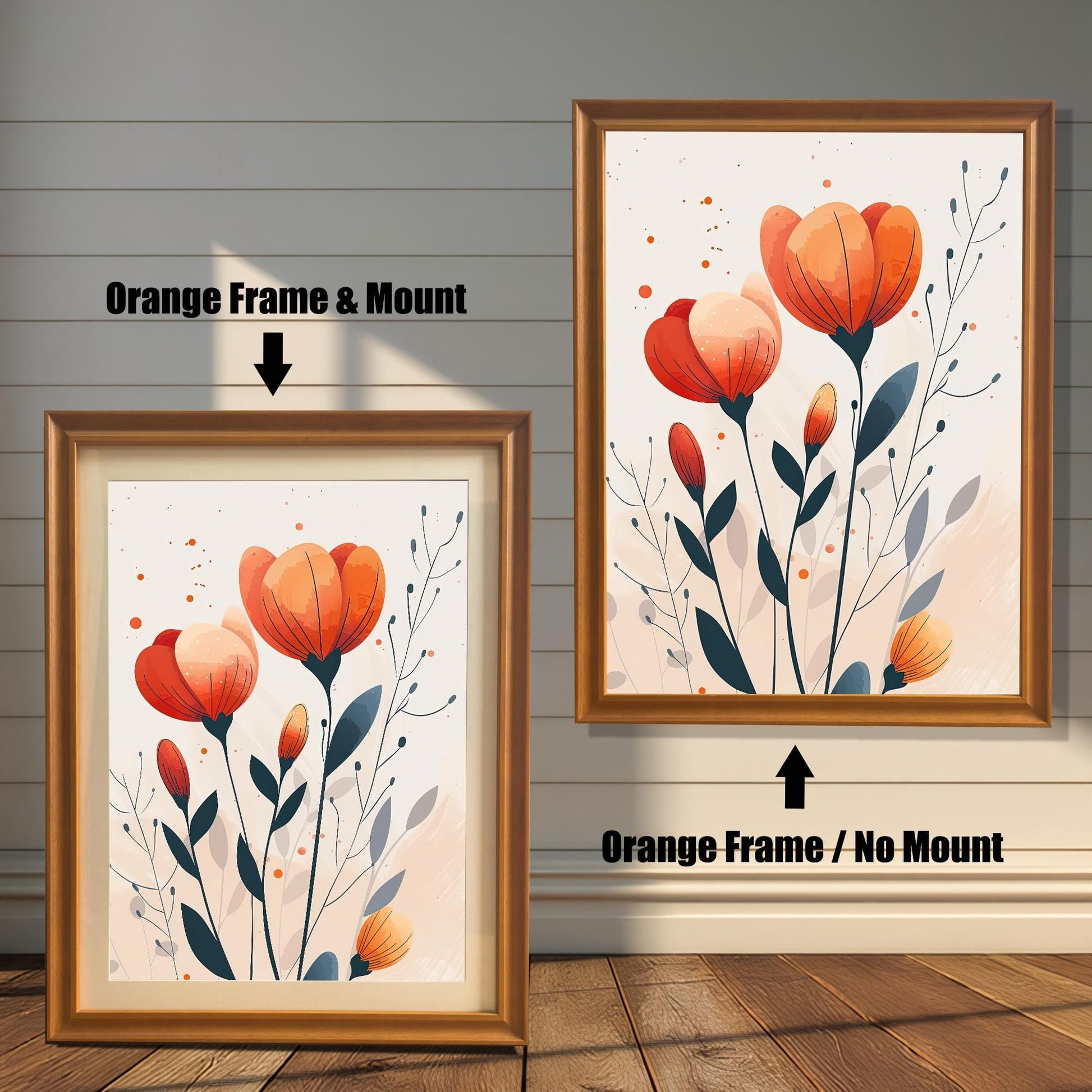 A two-panel image shows the same floral art in an orange-colored frame. The left panel shows the art with a white mat ("mount"), and the right panel shows it without a mat.