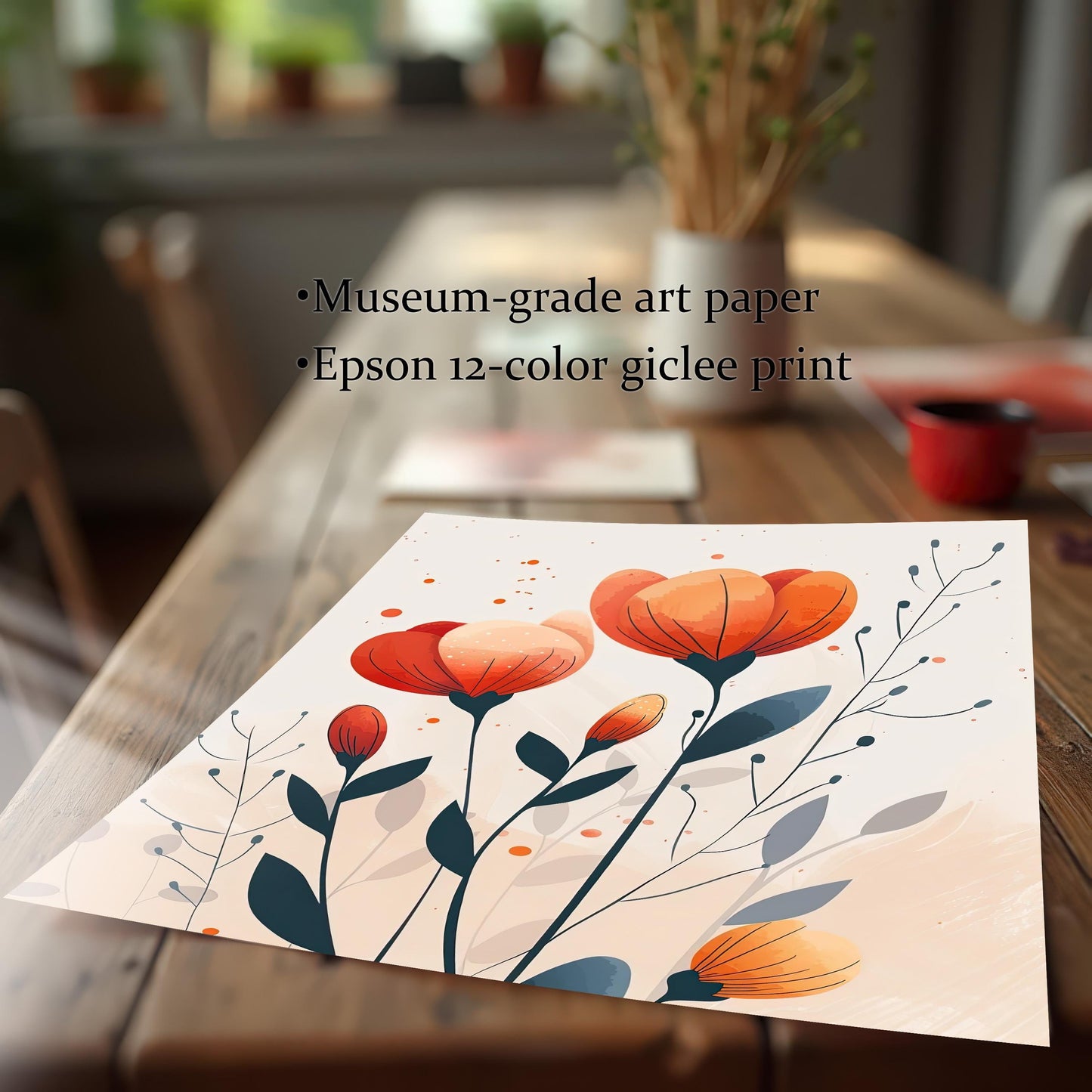 A museum-grade giclée print of orange and red flowers rests on a rustic wooden table. The text highlights the print's quality, mentioning "Epson 12-color giclée print."