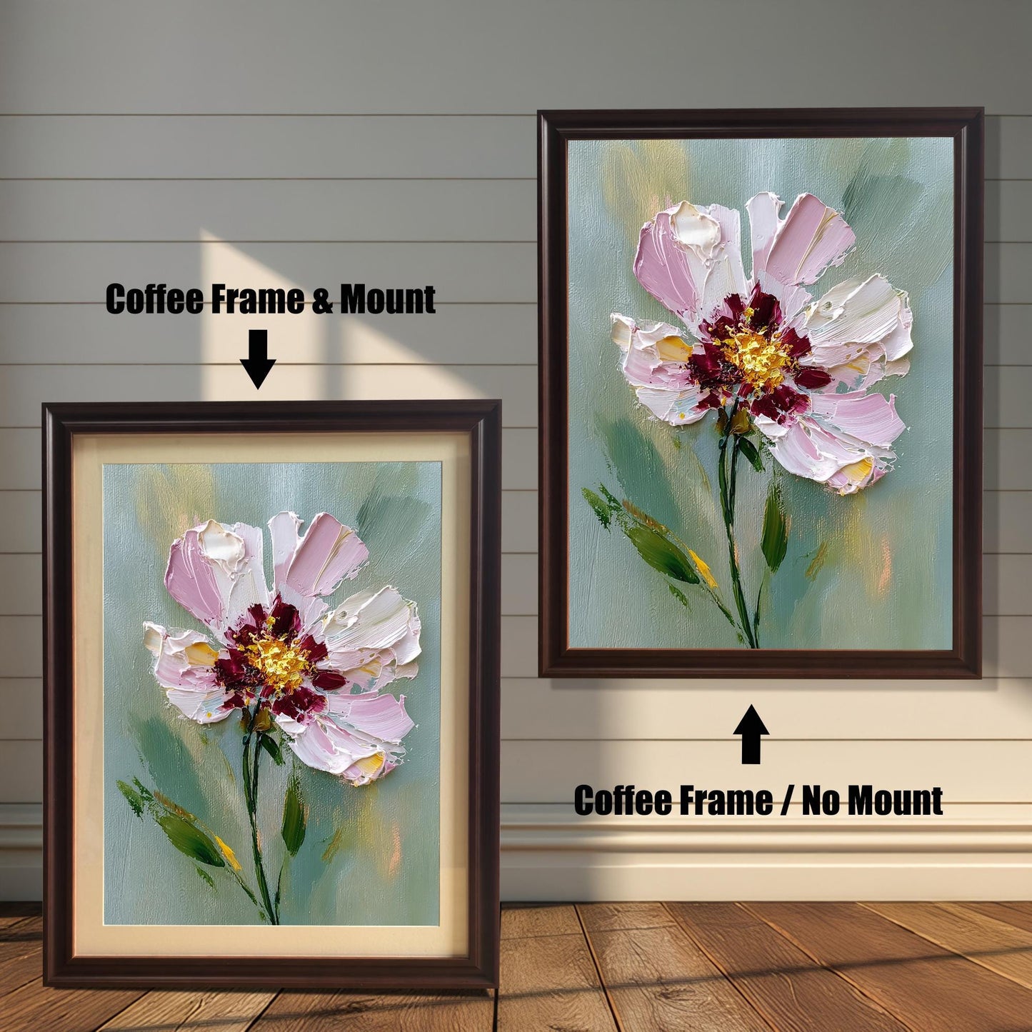 A two-panel image shows the same floral art in a coffee-colored frame. The left panel shows the art with a white mat ("mount"), and the right panel shows it without a mat.