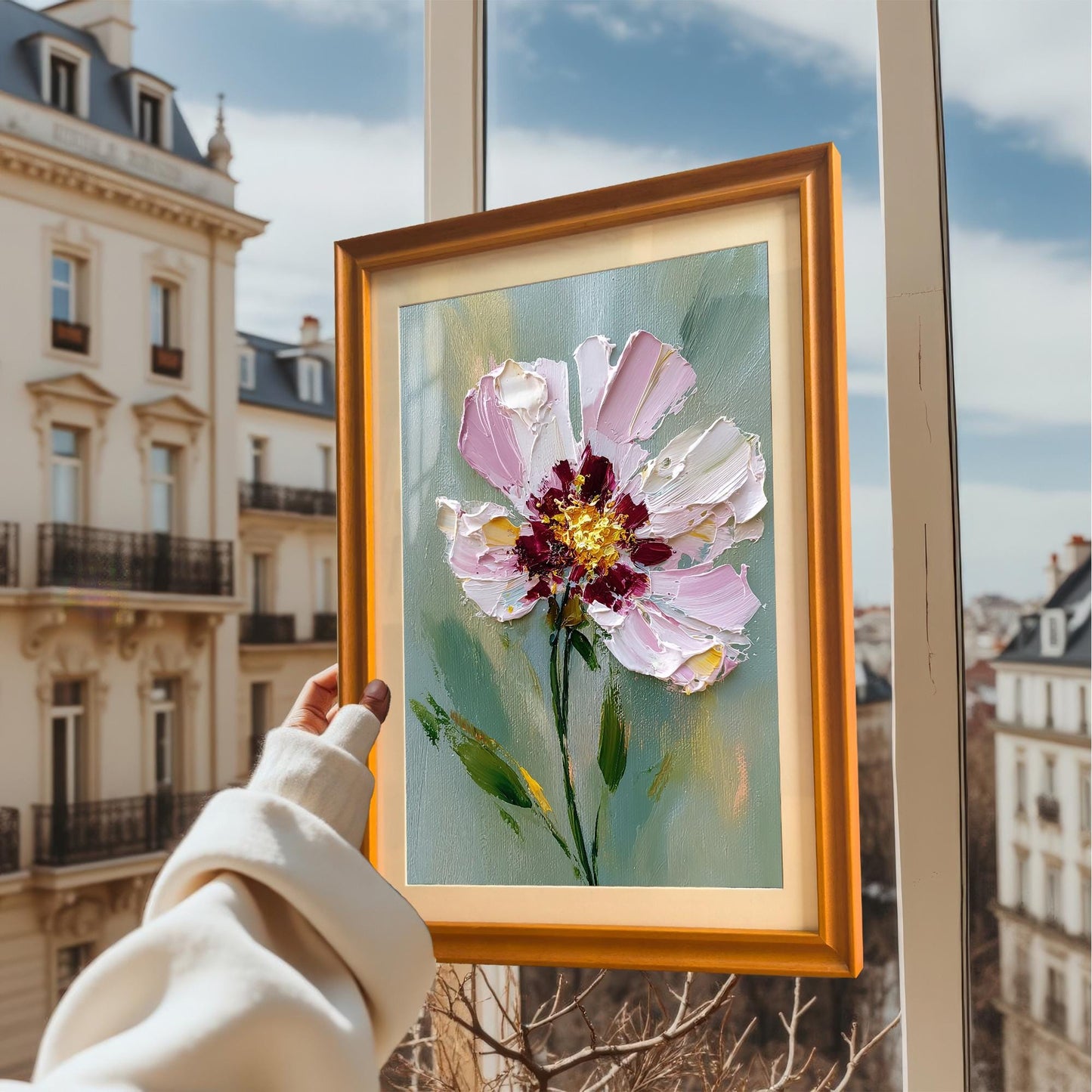 A person holds up a framed print of a pink and white textured flower against a window, showing the art with a European cityscape in the background.
