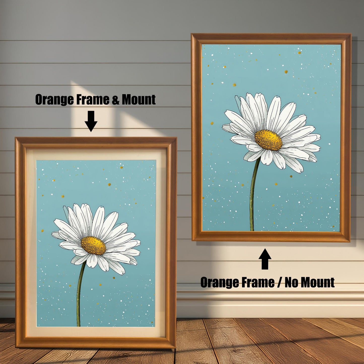 A two-panel image shows the same daisy art in an orange-colored frame. The left panel shows the art with a white mat ("mount"), and the right panel shows it without a mat.