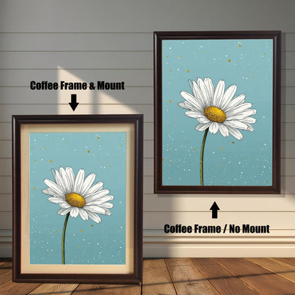 A two-panel image shows the same daisy art in a coffee-colored frame. The left panel shows the art with a white mat ("mount"), and the right panel shows it without a mat.