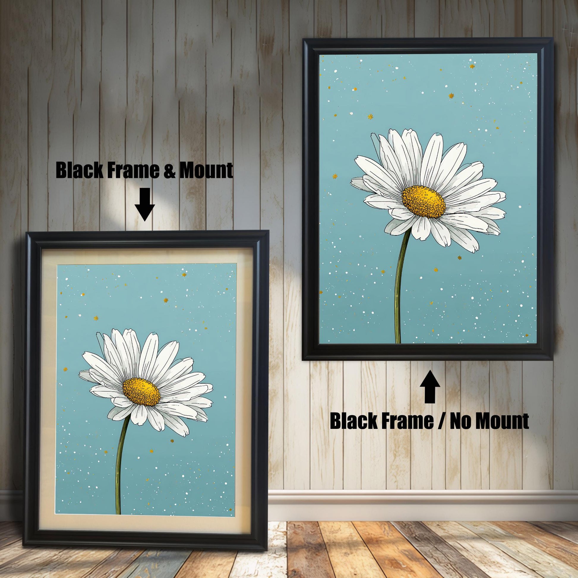 A two-panel image shows the same daisy art in a black frame. The left panel shows the art with a white mat ("mount"), and the right panel shows it without a mat.