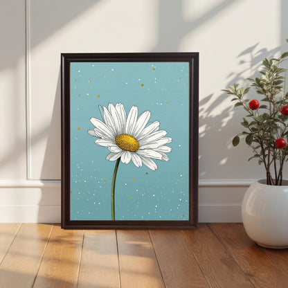 A framed wall art print of a daisy with a subtle blue background. The dark-framed art is resting on a wood floor next to a white pot with a plant with red berries.