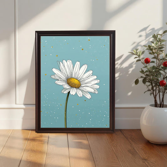 A framed wall art print of a daisy with a subtle blue background. The dark-framed art is resting on a wood floor next to a white pot with a plant with red berries.