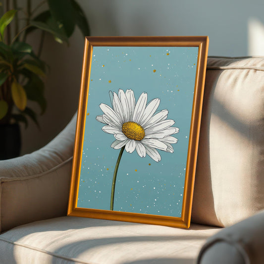 A close-up shot of a framed daisy print in an orange frame, propped up on a light-colored armchair with a plant in the background.