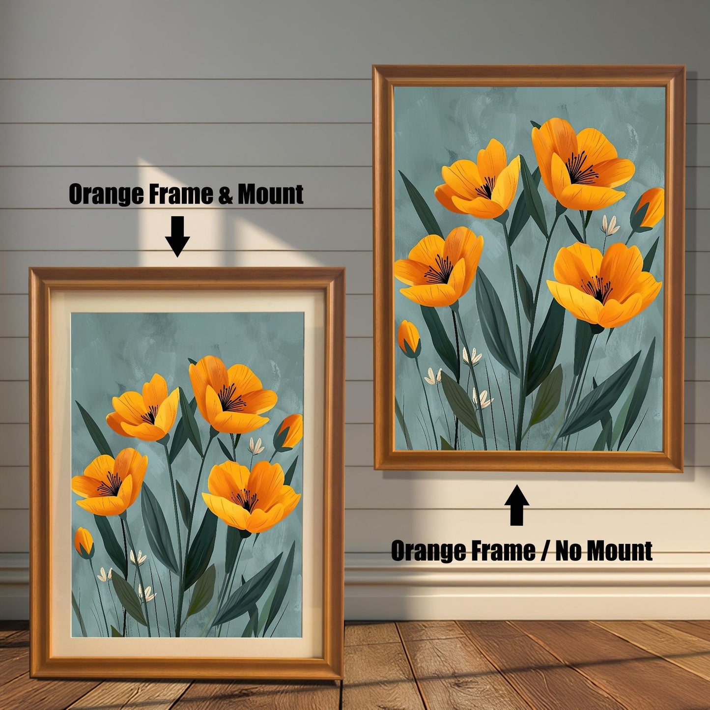 A two-panel image shows the same floral art in an orange-colored frame. The left panel shows the art with a white mat ("mount"), and the right panel shows it without a mat.