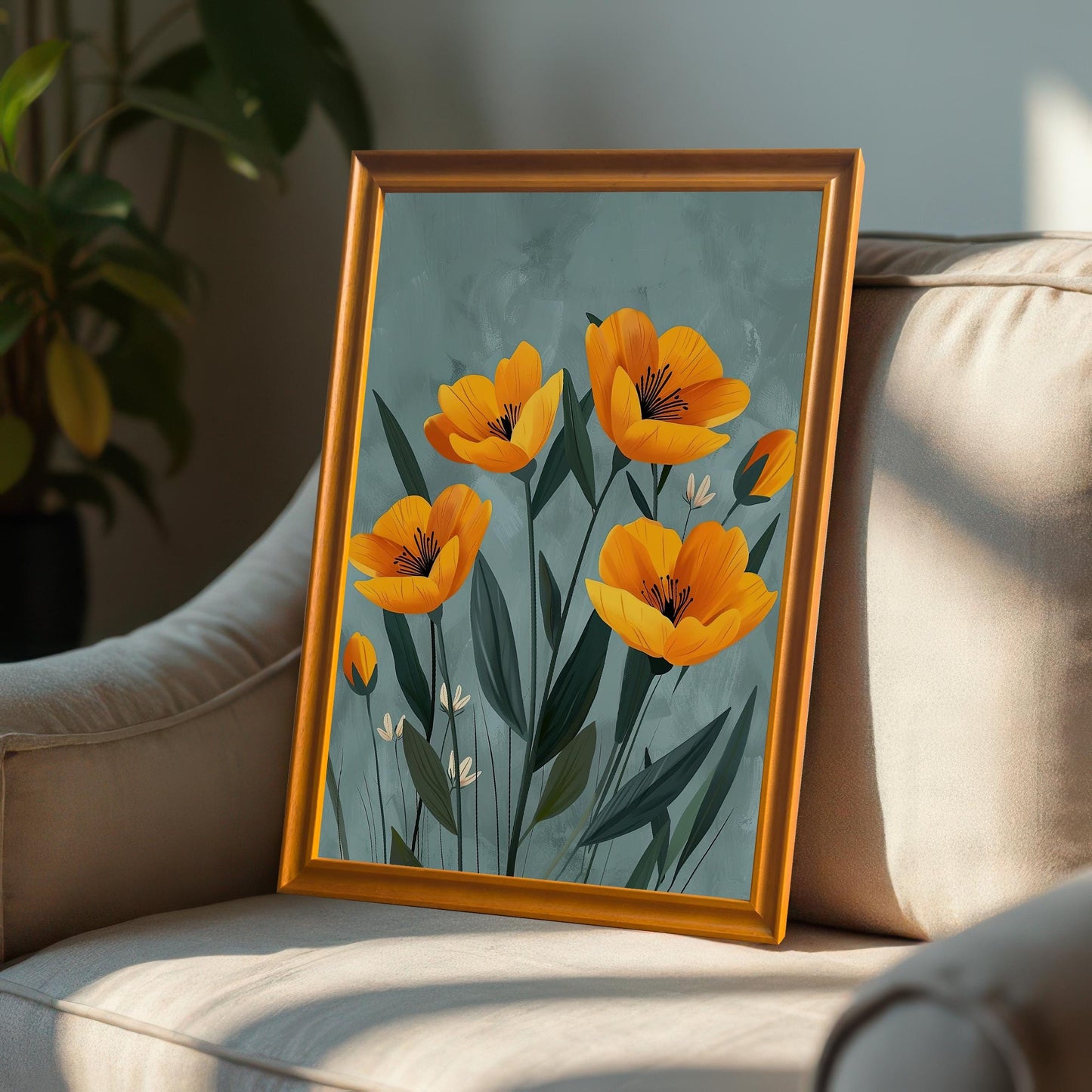 A close-up shot of the yellow flower print in an orange frame, propped on a light-colored armchair with a plant in the background.