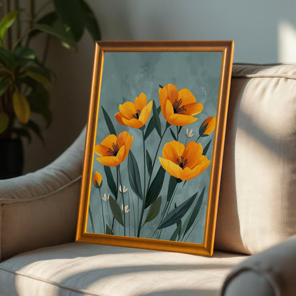 A close-up shot of the yellow flower print in an orange frame, propped on a light-colored armchair with a plant in the background.