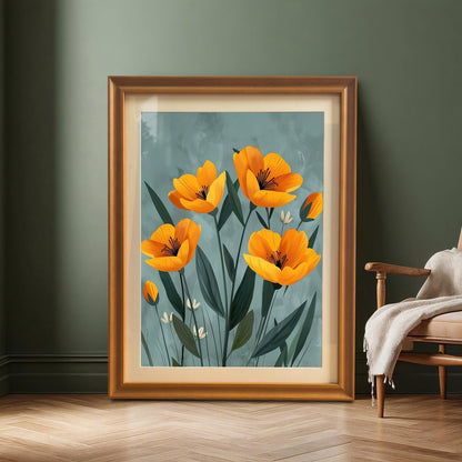 A framed wall art print of yellow flowers with a subtle gray background. The frame is a light brown, and the art is resting against a dark green wall, next to a chair.