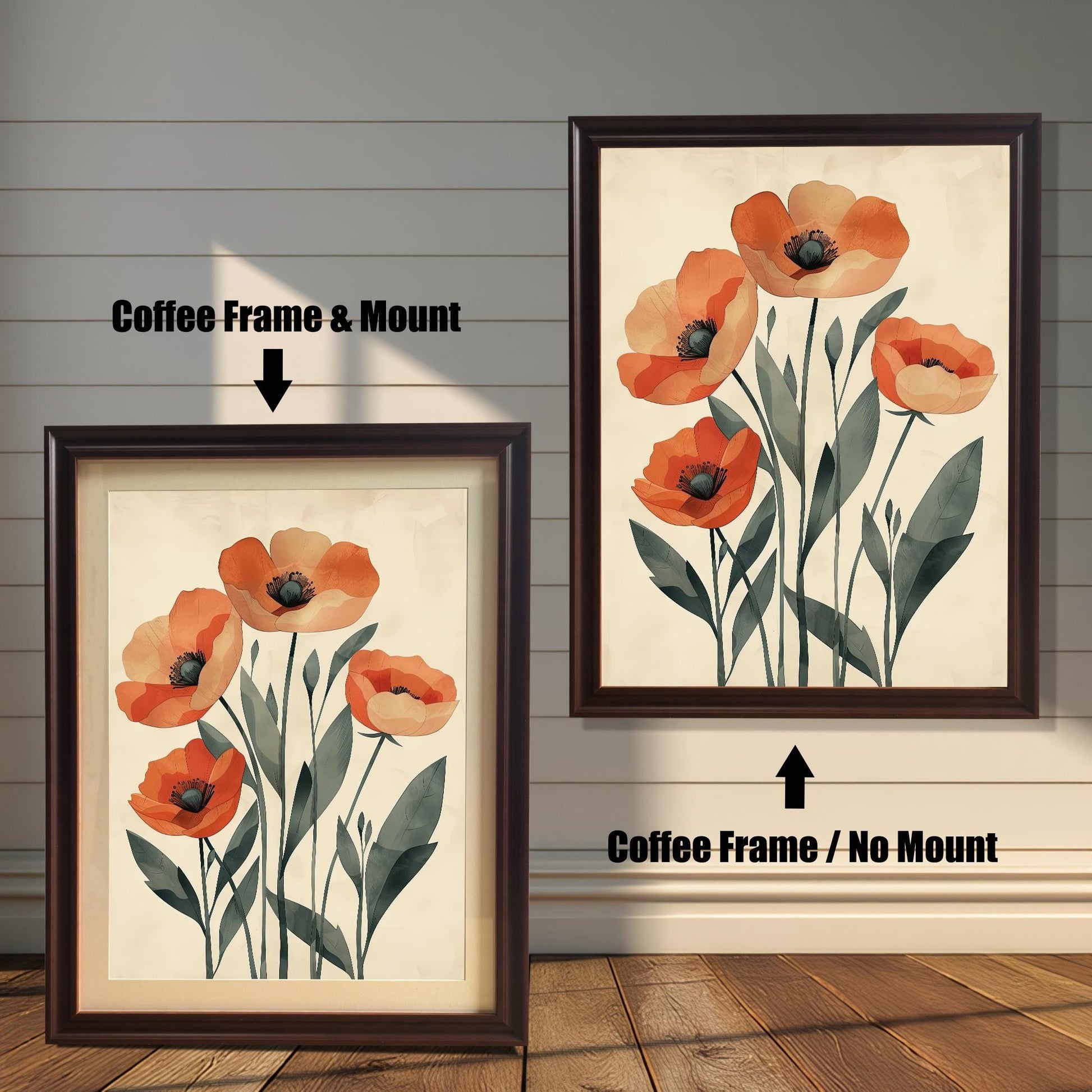 Two coffee-colored framed art prints of five orange poppies on a pale background. One has a white mat board and the other does not.