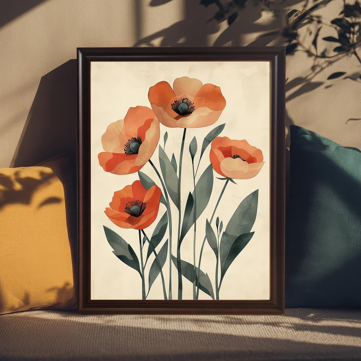 A framed art print of five orange poppies on a pale background, with a coffee-colored frame, propped on a couch between two pillows.