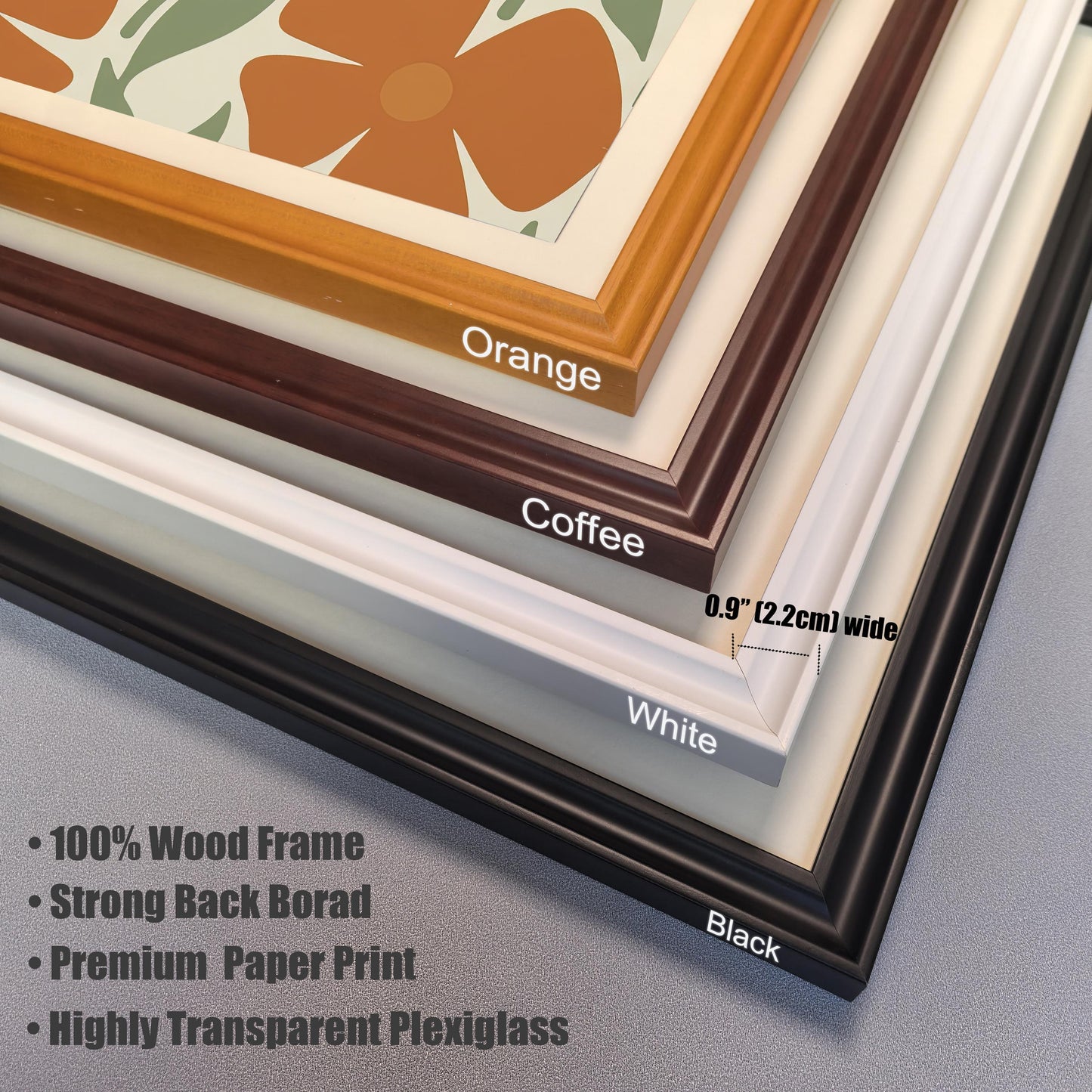 A close-up, stacked view of four different frame color options: orange, coffee, white, and black. Text lists features like "100% Wood Frame" and "Highly Transparent Plexiglass."