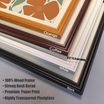 A close-up, stacked view of four different frame color options: orange, coffee, white, and black. Text lists features like "100% Wood Frame" and "Highly Transparent Plexiglass."