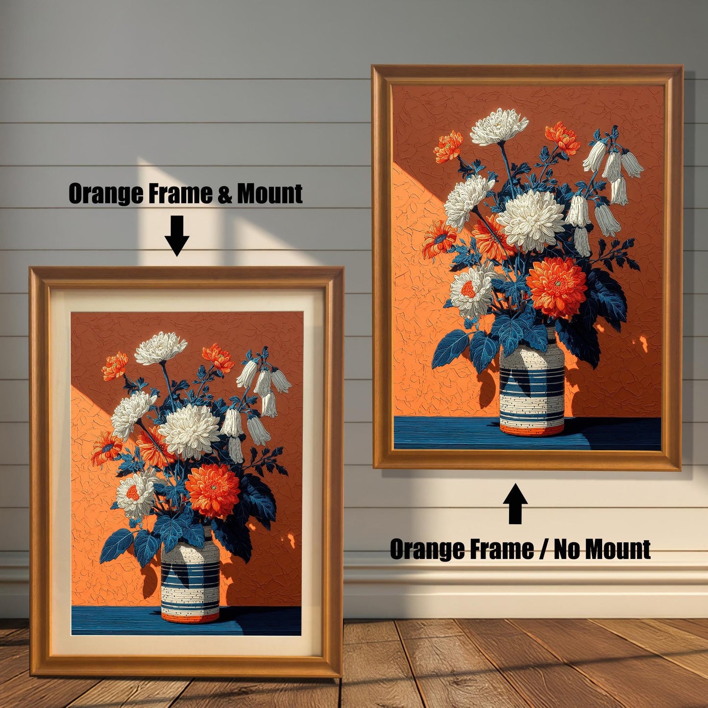 Two orange-colored framed art prints of a floral arrangement on a vibrant orange background. One has a white mat board and the other does not.