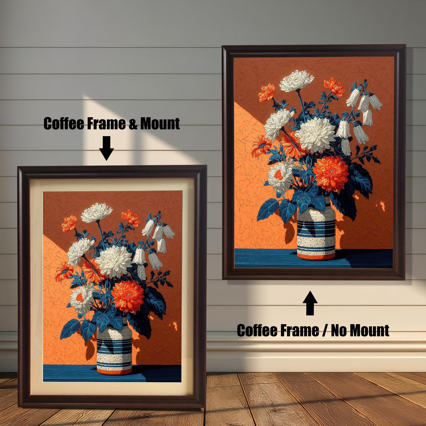 Two coffee-colored framed art prints of a floral arrangement on an orange background. One has a white mat board and the other does not.