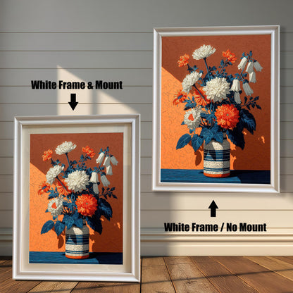 Two white-framed art prints of white and orange flowers on a vibrant orange background. One has a white mat board and the other does not.