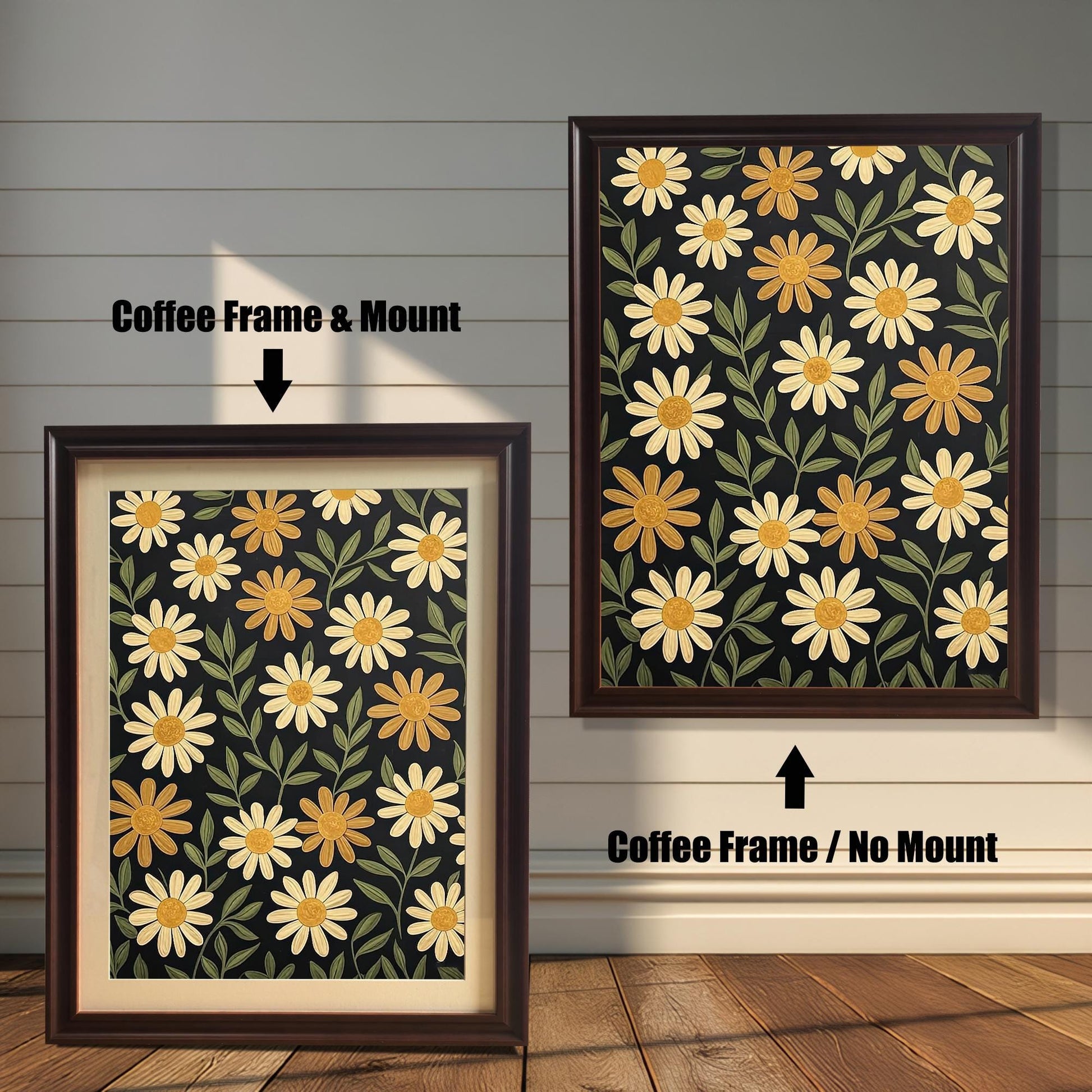 Two coffee-colored framed art prints with a pattern of yellow flowers on a dark background. One has a white mat board and the other does not.