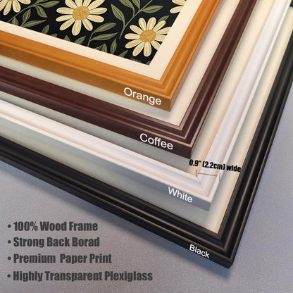 A close-up, stacked view of four different frame color options: orange, coffee, white, and black. Text lists features like "100% Wood Frame" and "Highly Transparent Plexiglass."
