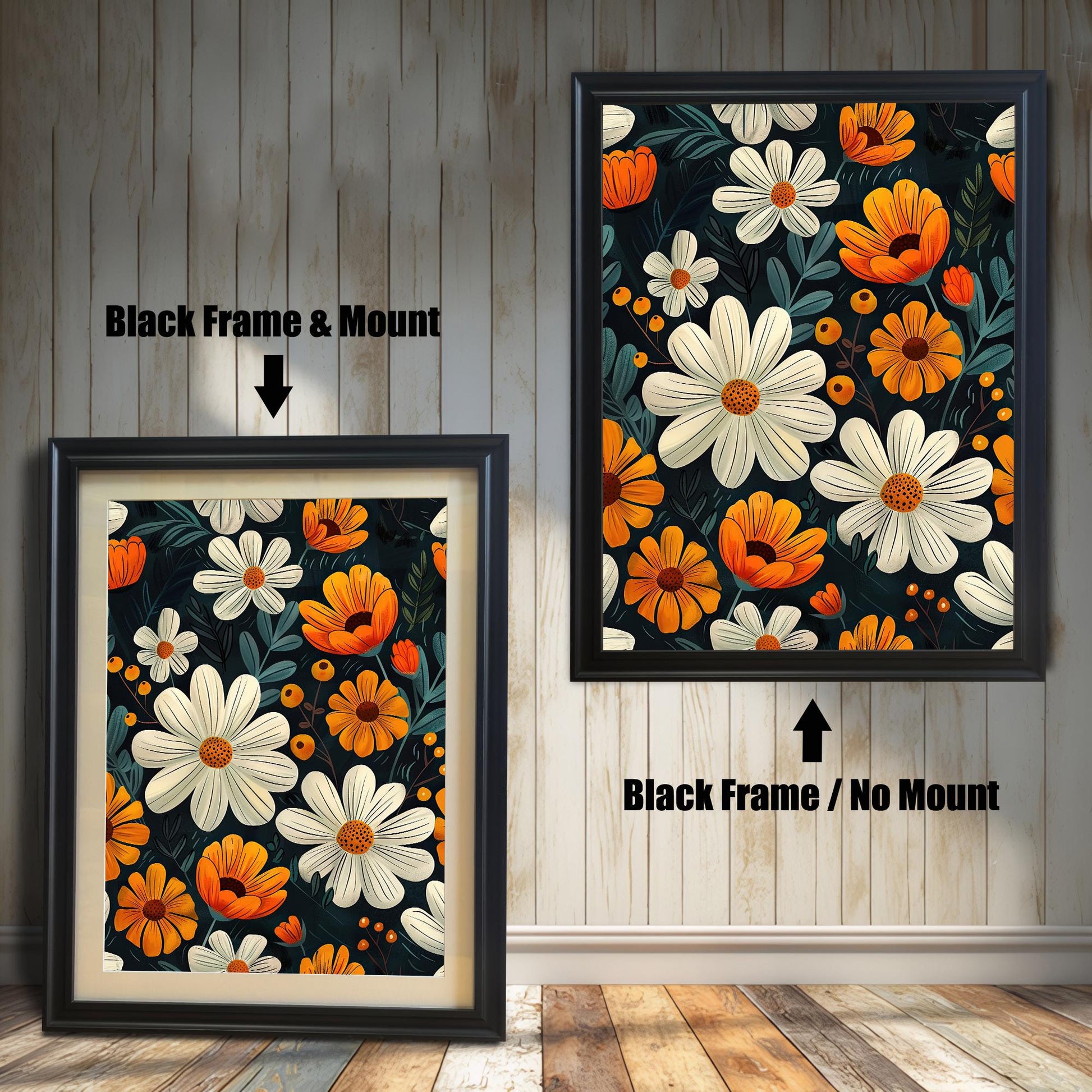 Two framed floral art prints side-by-side. The left is a "Black Frame & Mount," and the right is a "Black Frame / No Mount."