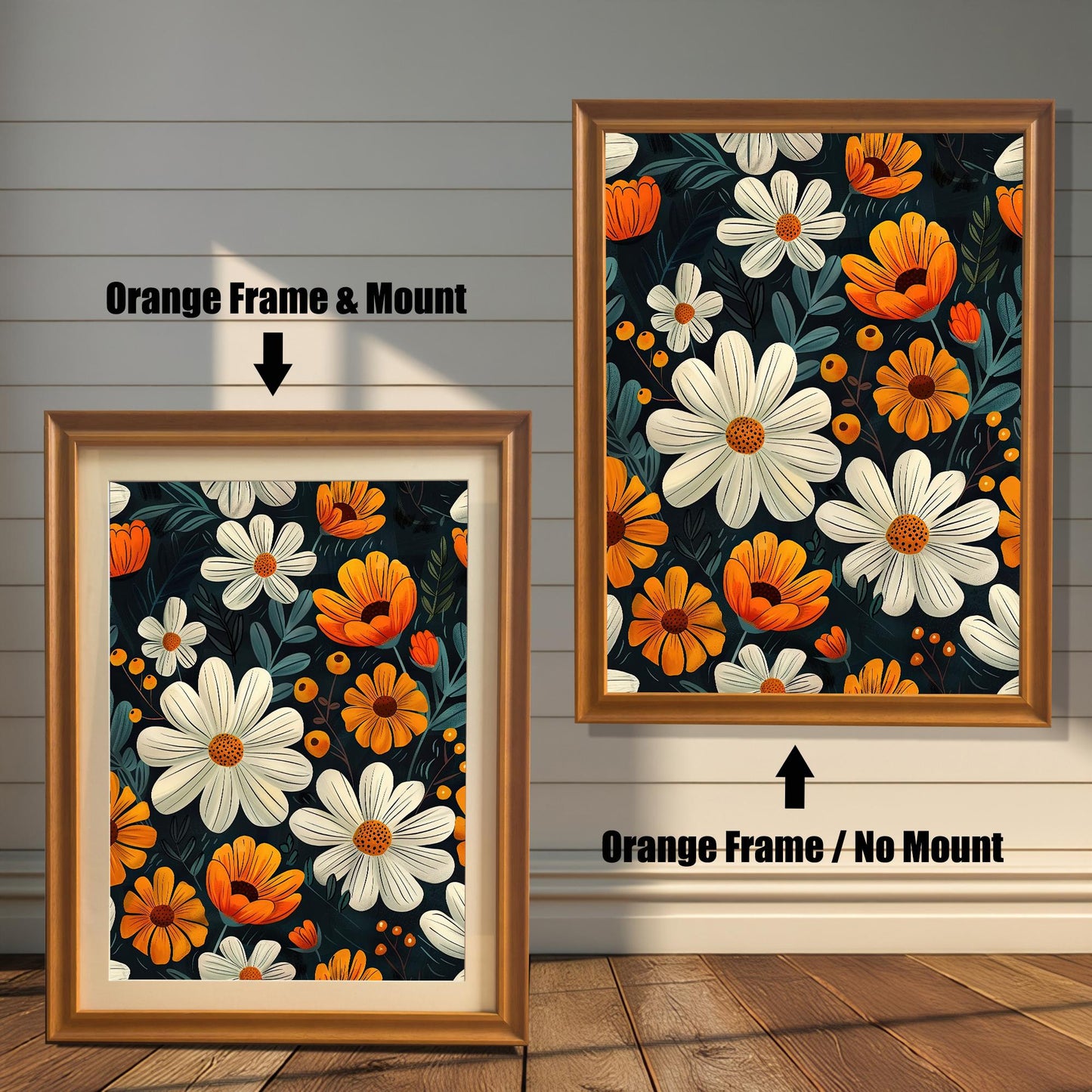 Two framed floral art prints side-by-side. The left is an "Orange Frame & Mount," and the right is an "Orange Frame / No Mount."