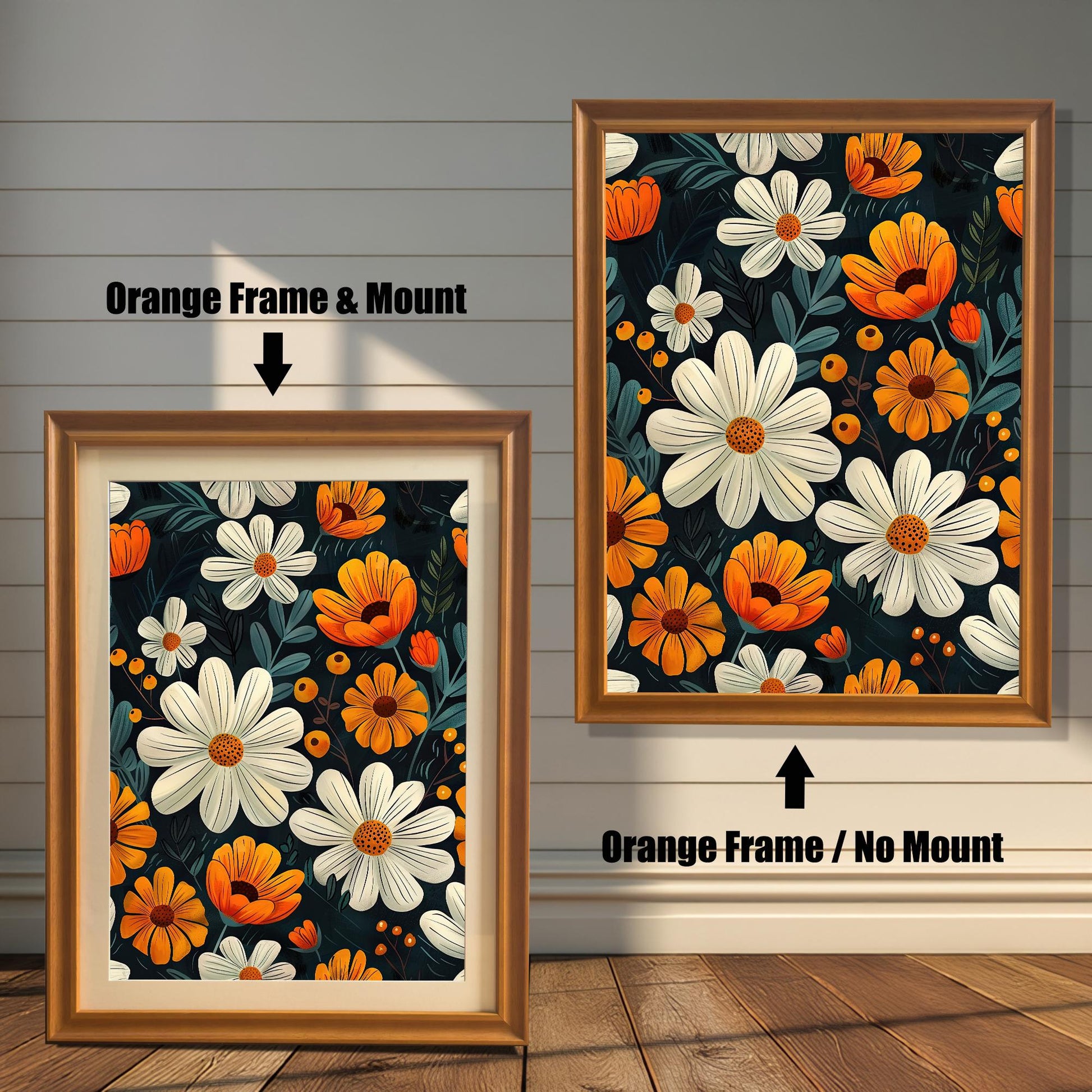 Two framed floral art prints side-by-side. The left is an "Orange Frame & Mount," and the right is an "Orange Frame / No Mount."