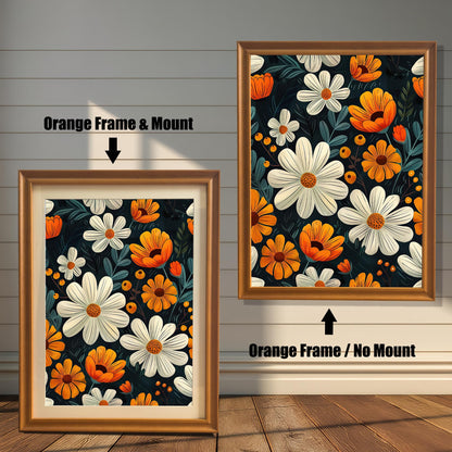 Two framed floral art prints side-by-side. The left is an "Orange Frame & Mount," and the right is an "Orange Frame / No Mount."