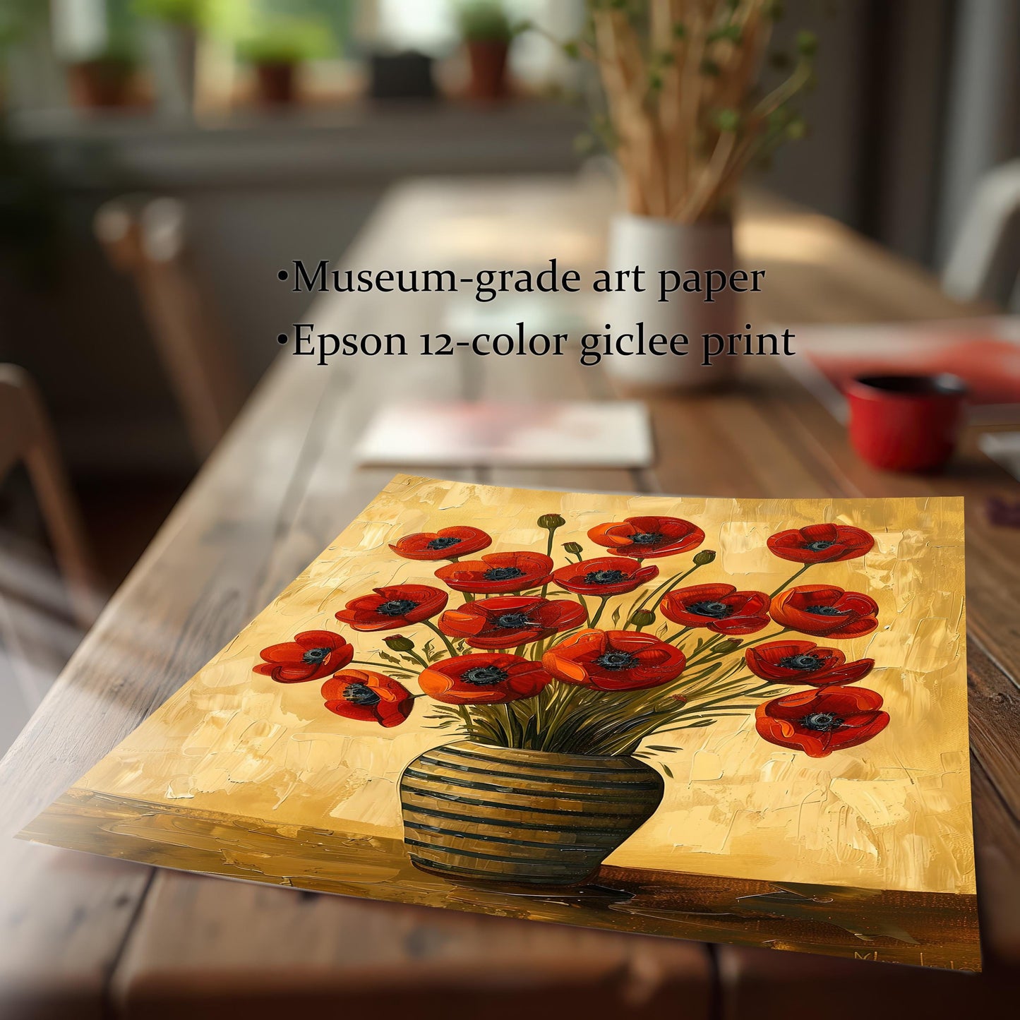 A close-up, angled view of a paper art print featuring red poppies in a striped vase. Text highlights "Museum-grade art paper" and "Epson 12-color giclee print."