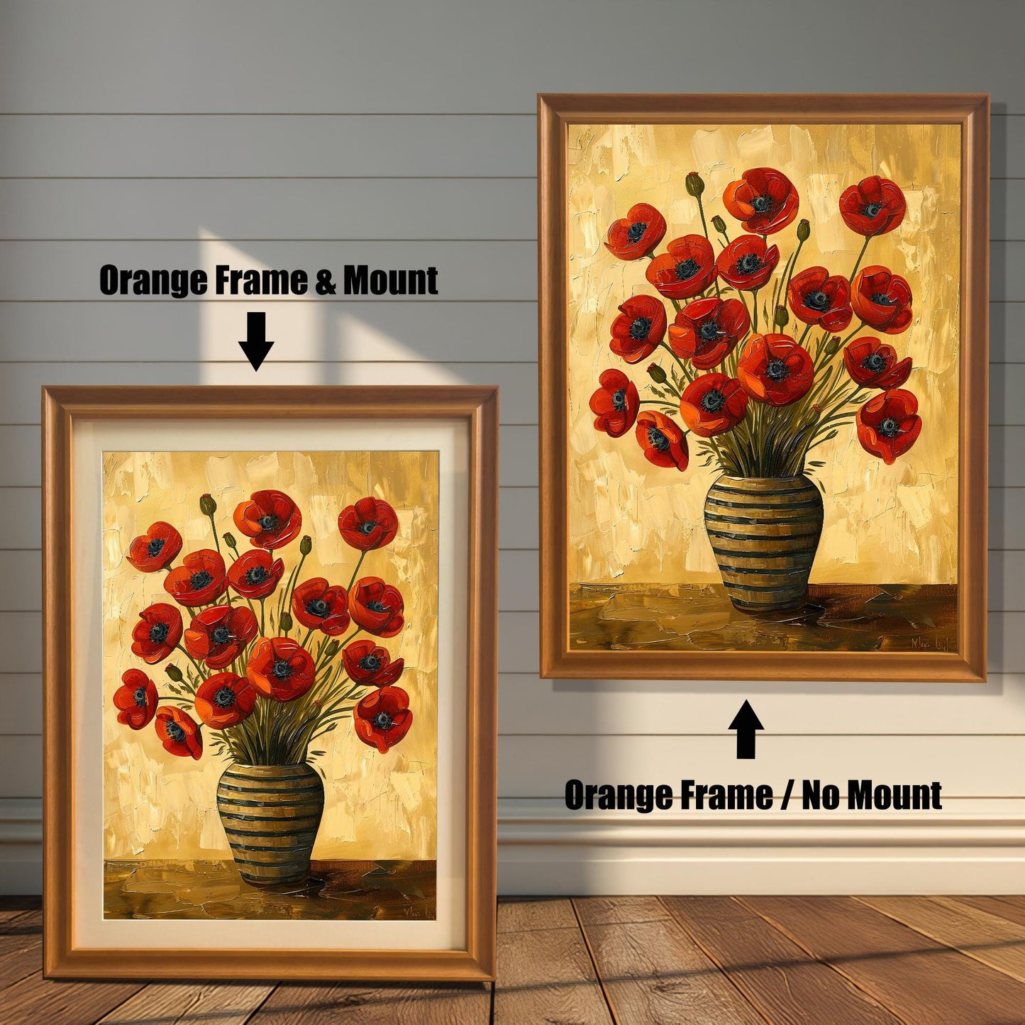 Two art prints of red poppies in a striped vase. The one on the left has an orange-colored frame with a white mat. The one on the right has an orange-colored frame with no mat.