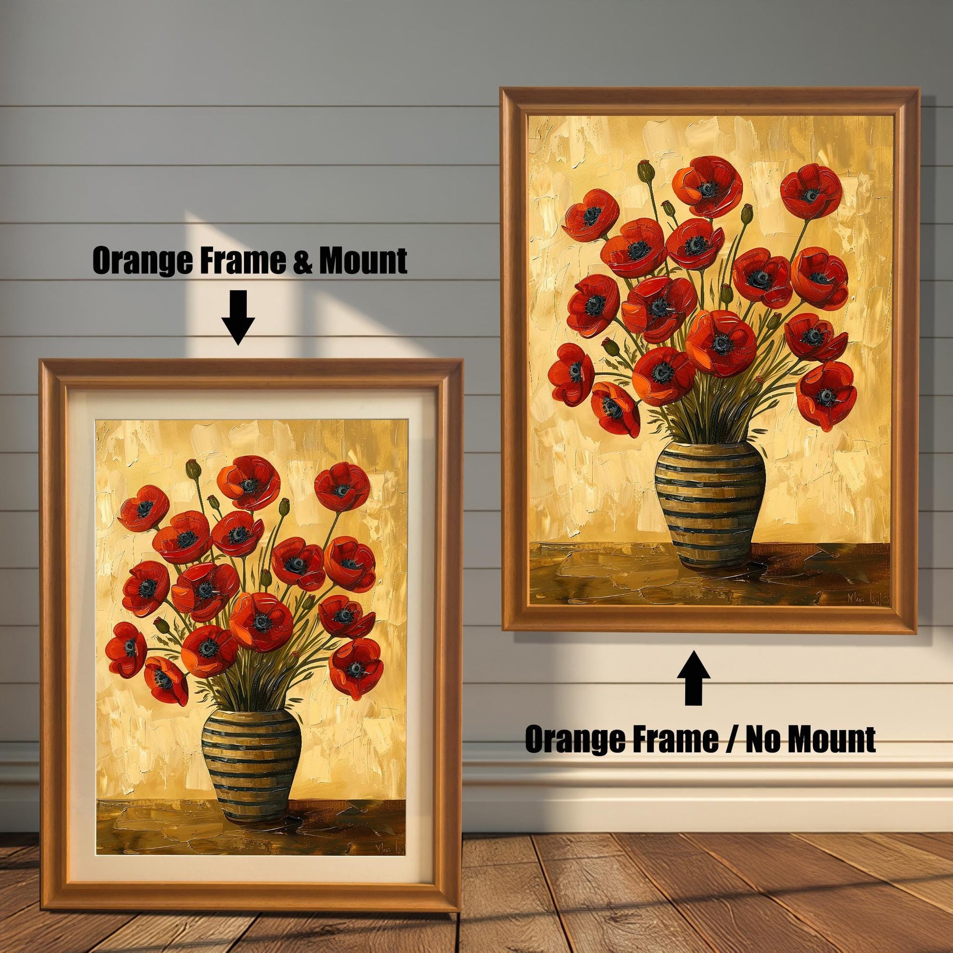 Two art prints of red poppies in a striped vase. The one on the left has an orange-colored frame with a white mat. The one on the right has an orange-colored frame with no mat.